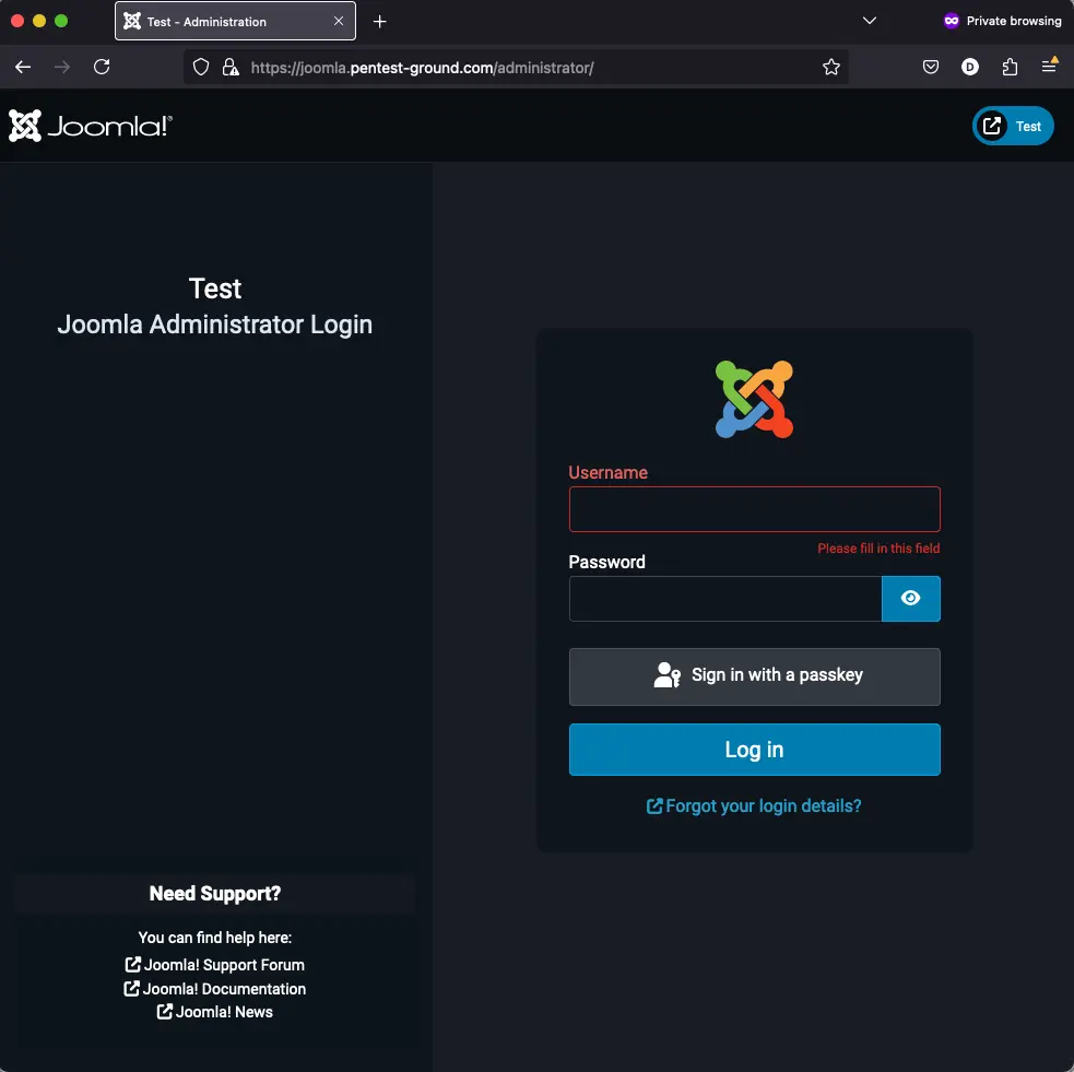 Joomla administrator login form