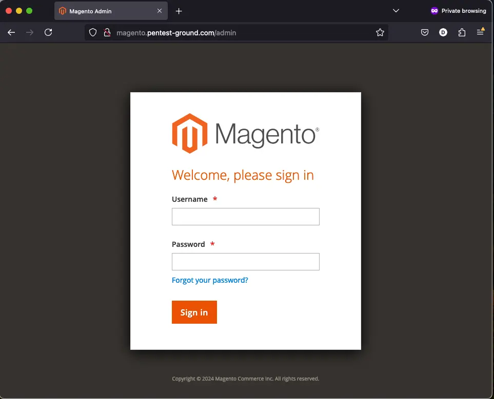 Admin login page for Magento