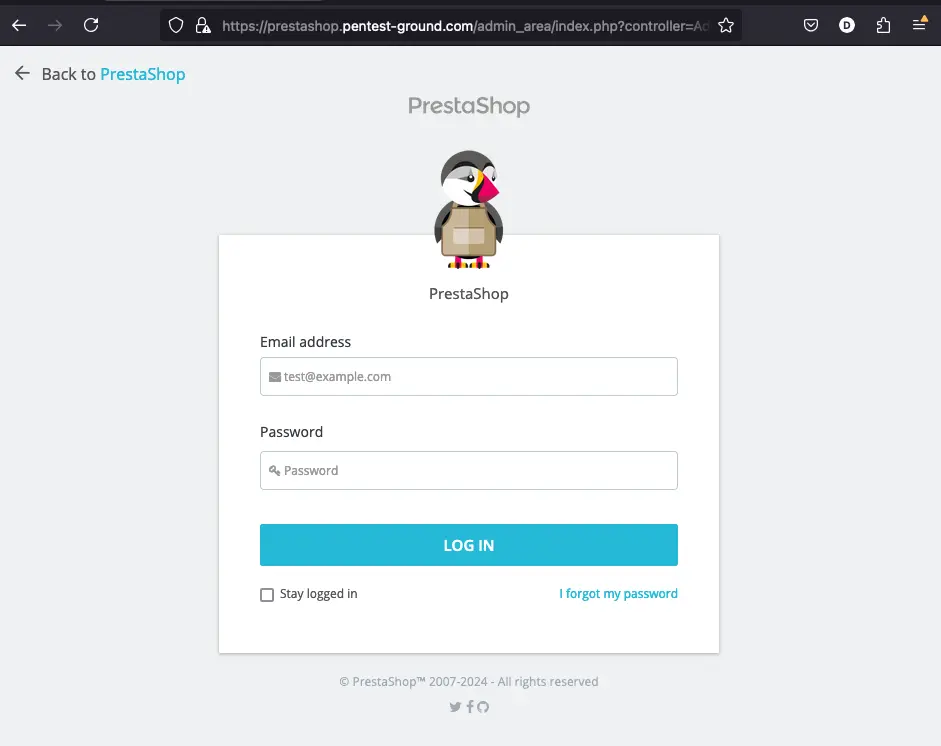 PrestaShop login form