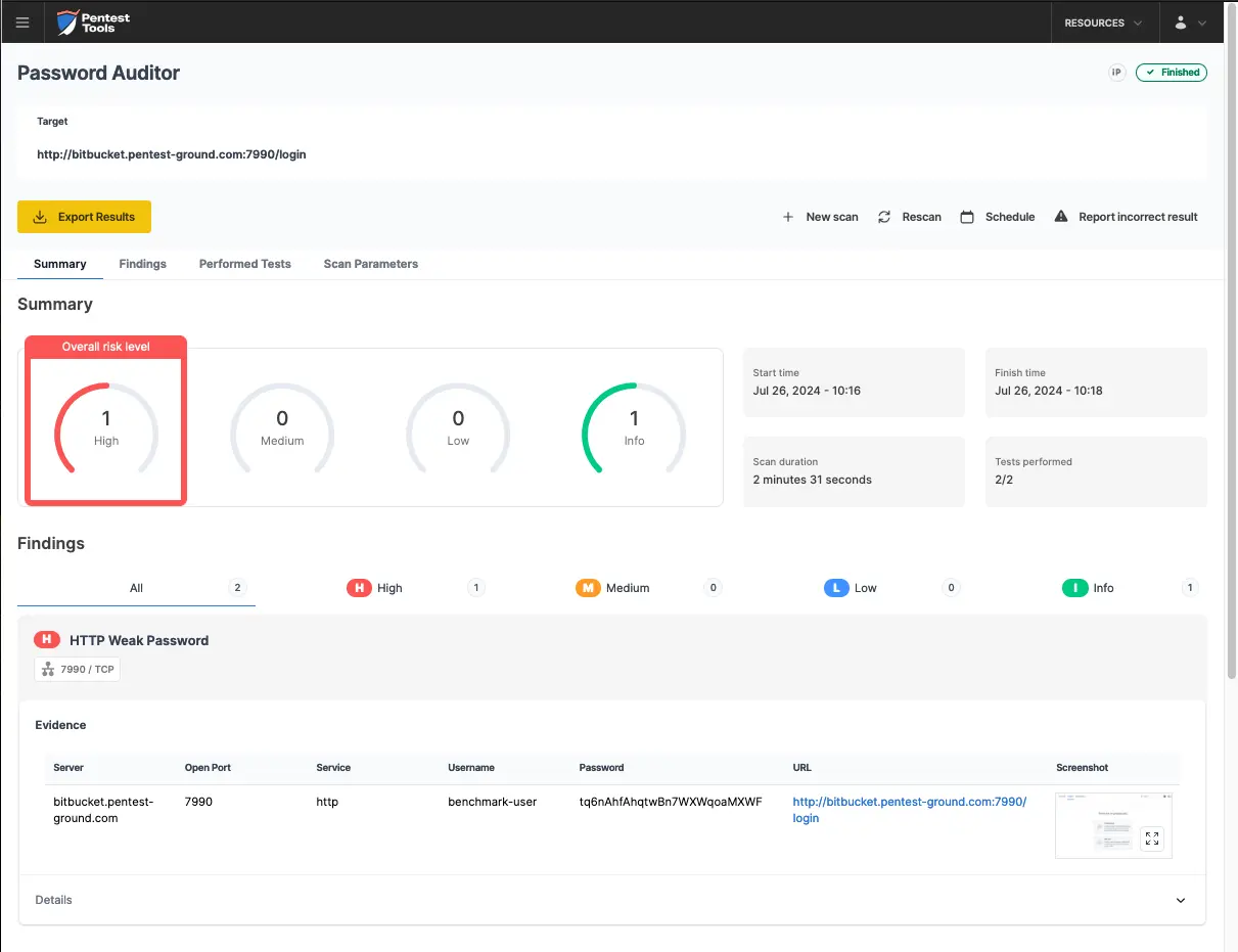 Bitbucket Password Auditor scan results