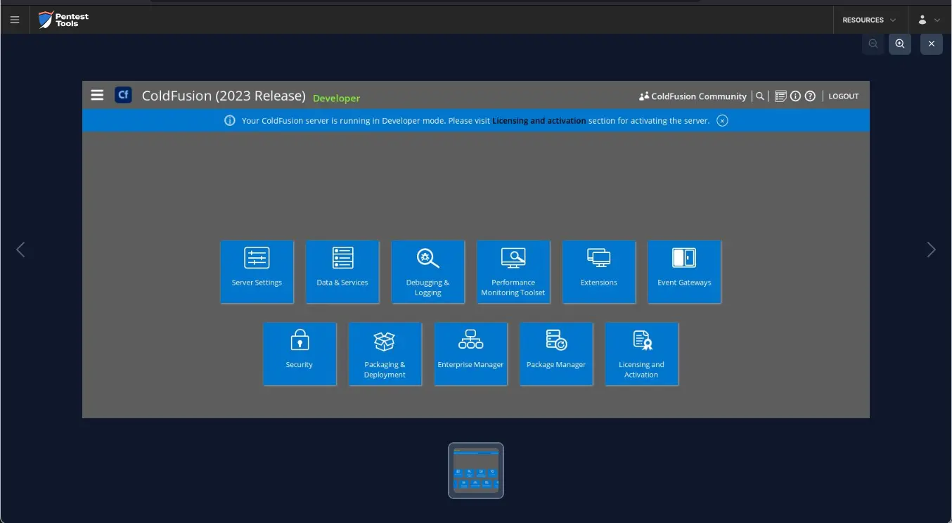 Password Auditor screenshot of the Adobe Coldfusion logged-in session