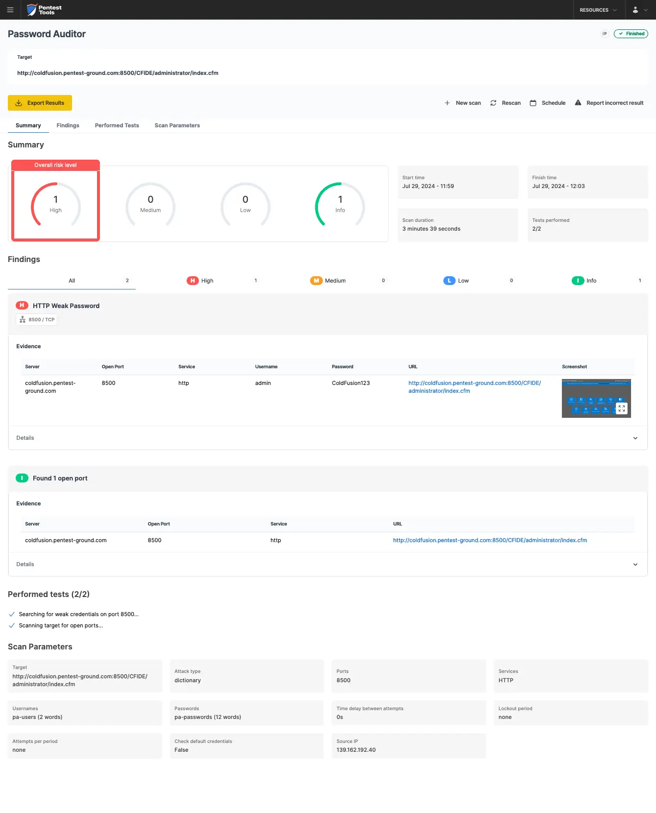 Password Auditor Adobe Coldfusion scan findings