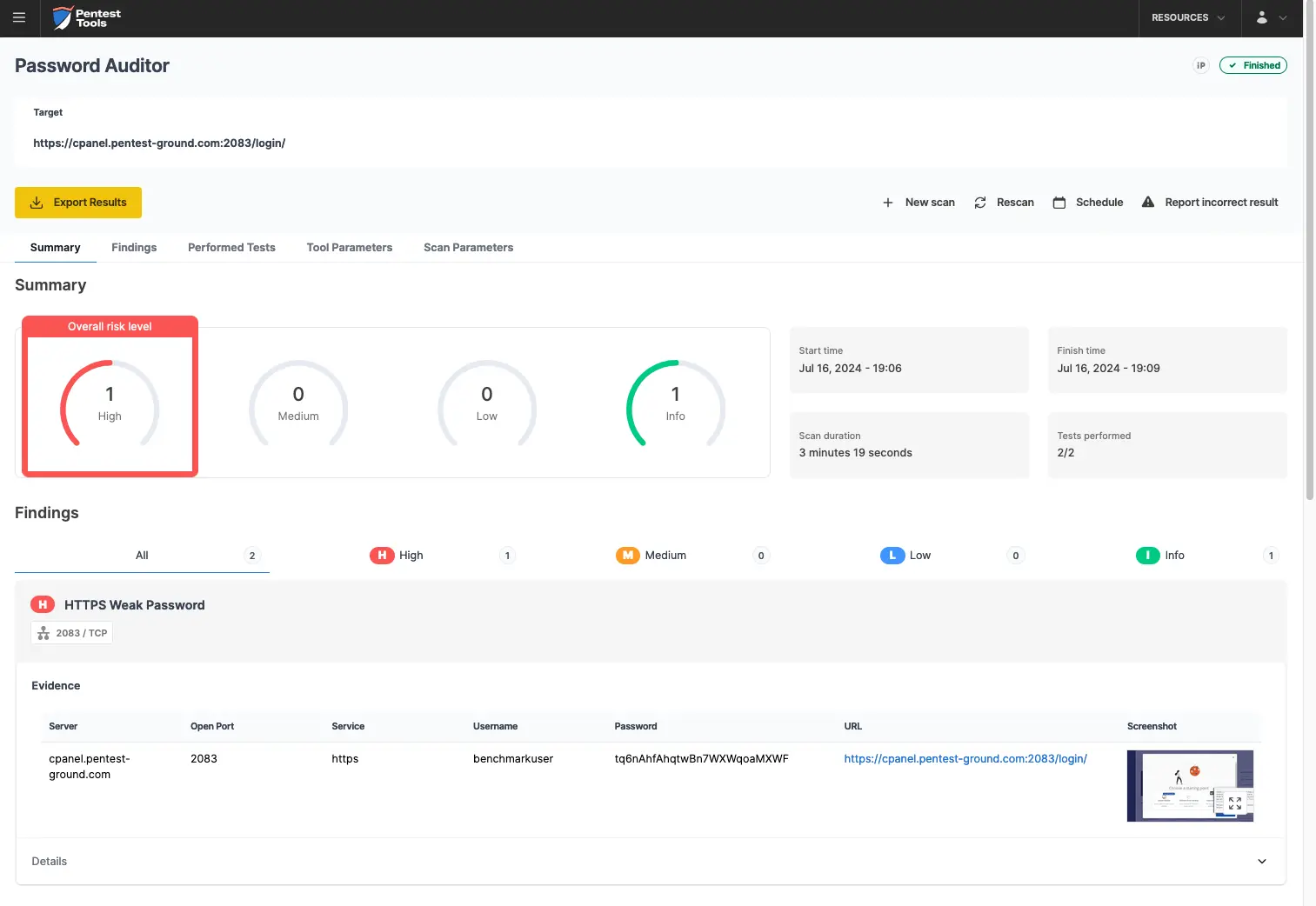 cPanel Password Auditor scan results