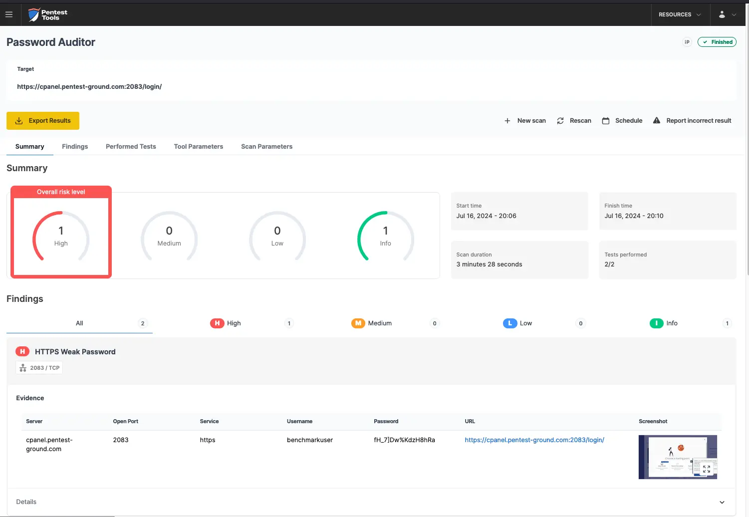 cPanel Password Auditor scan findings