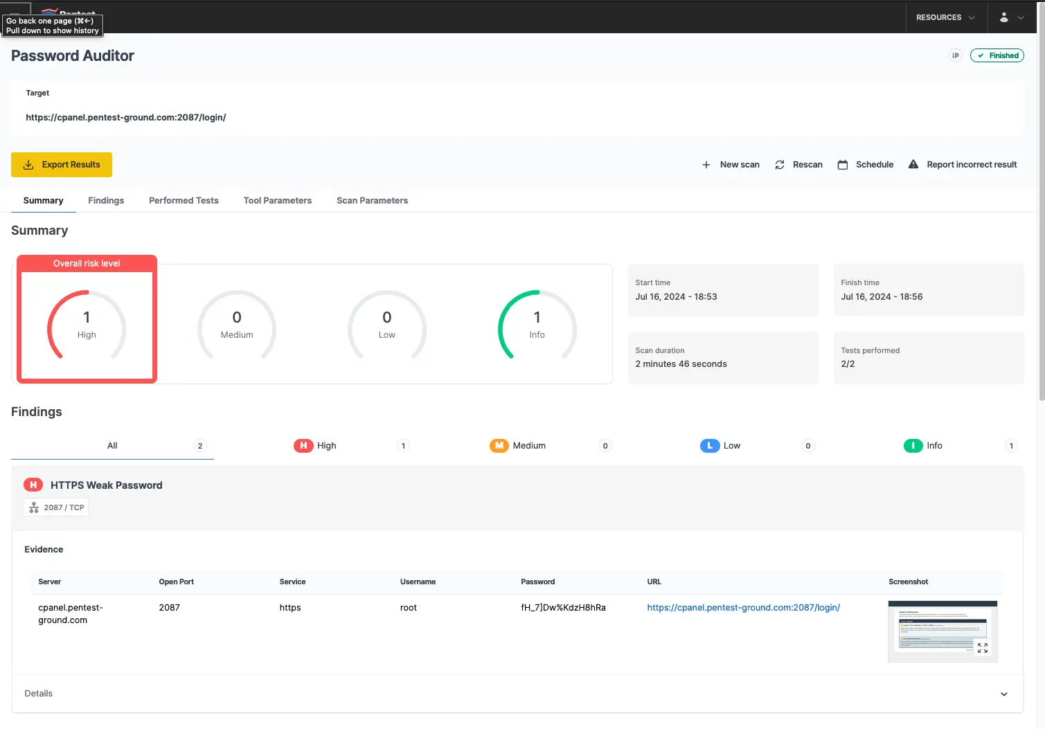 cPanel WHM Password Auditor scan results