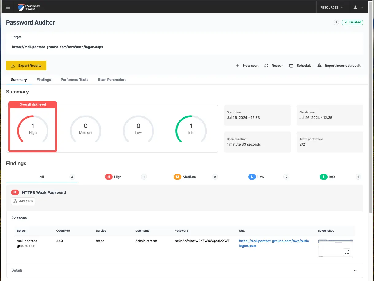 Microsoft Exchange Password Auditor scan results