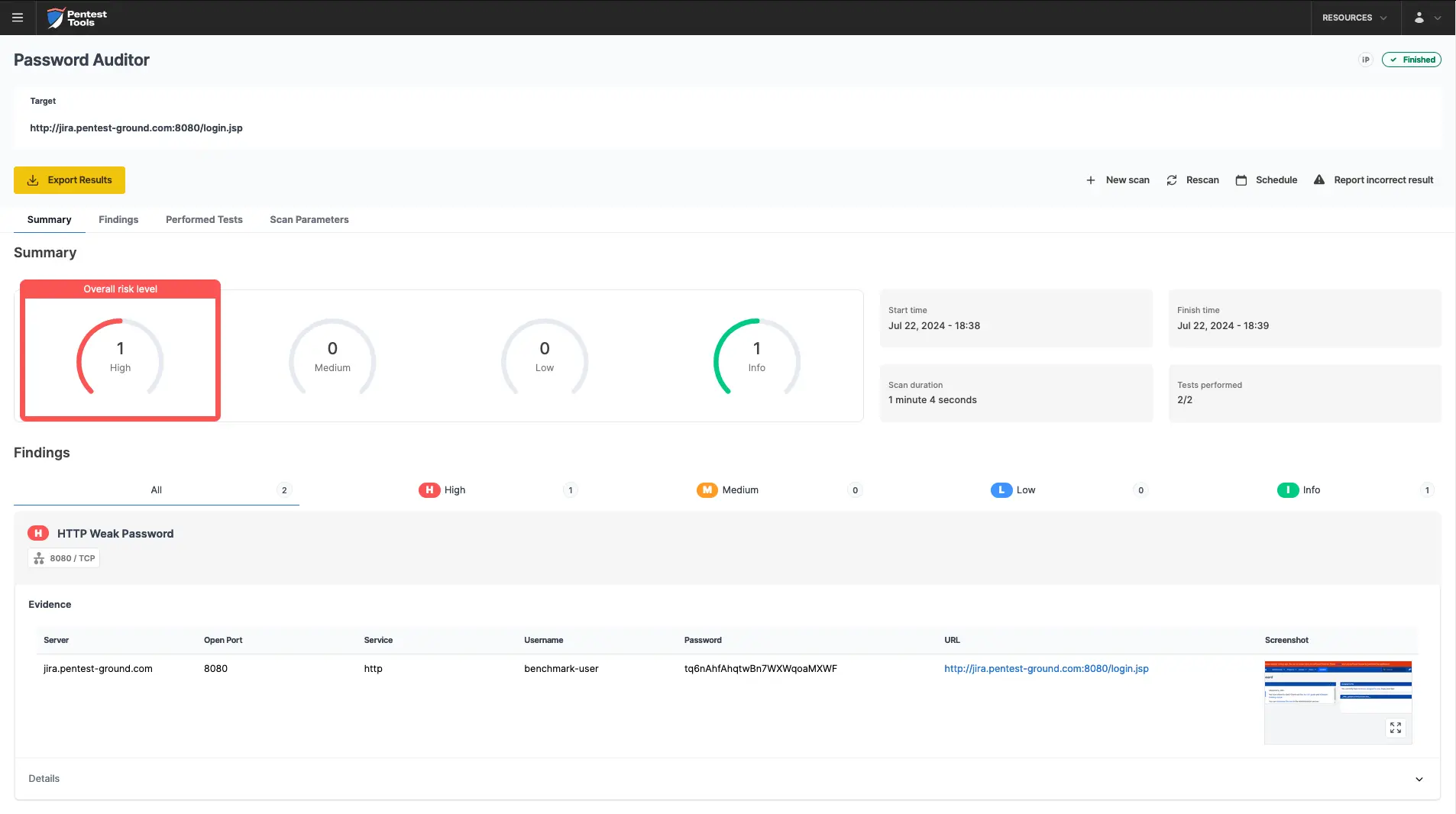 Jira Password Auditor scan results