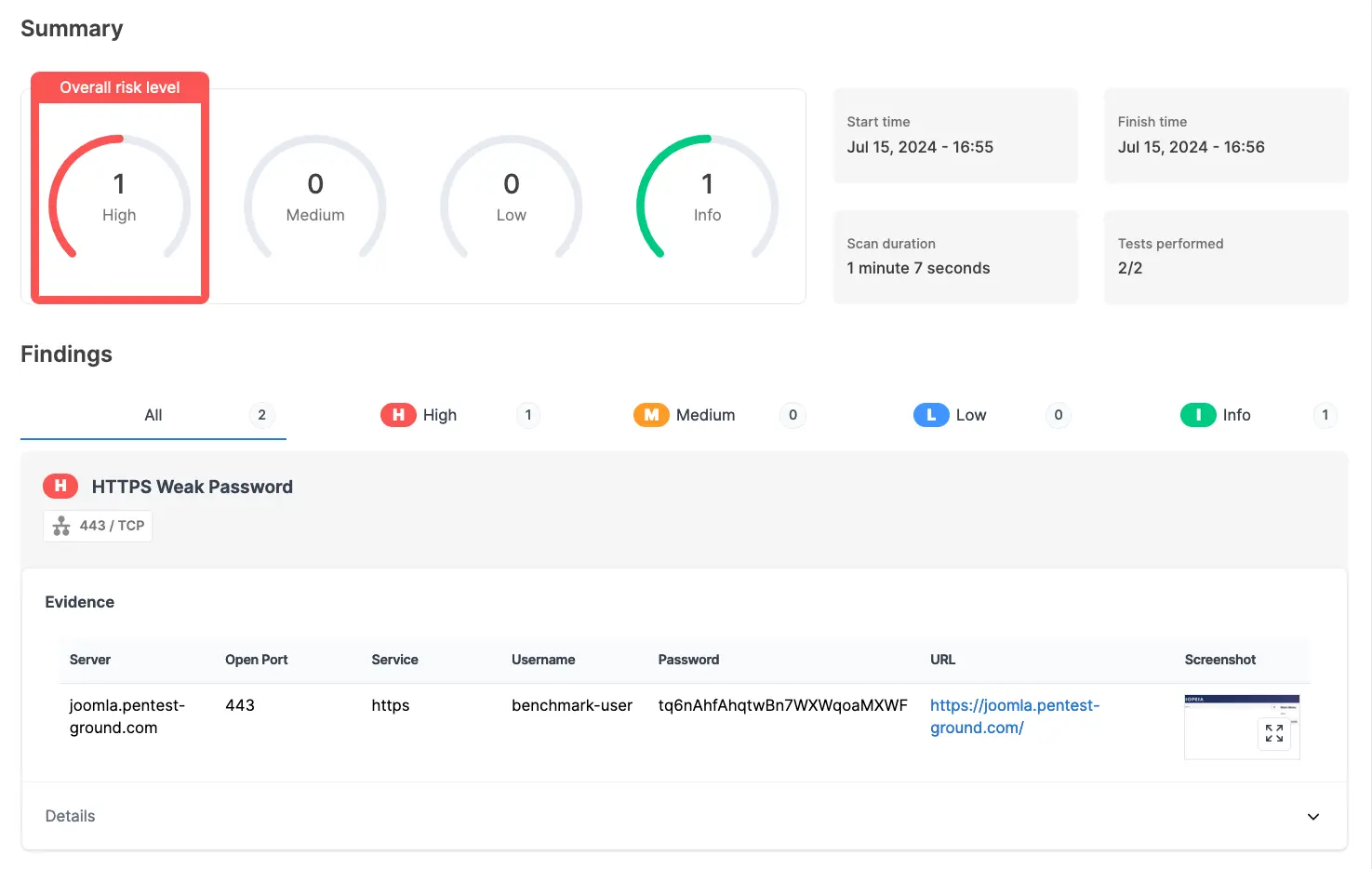 Joomla Password Auditor scan results