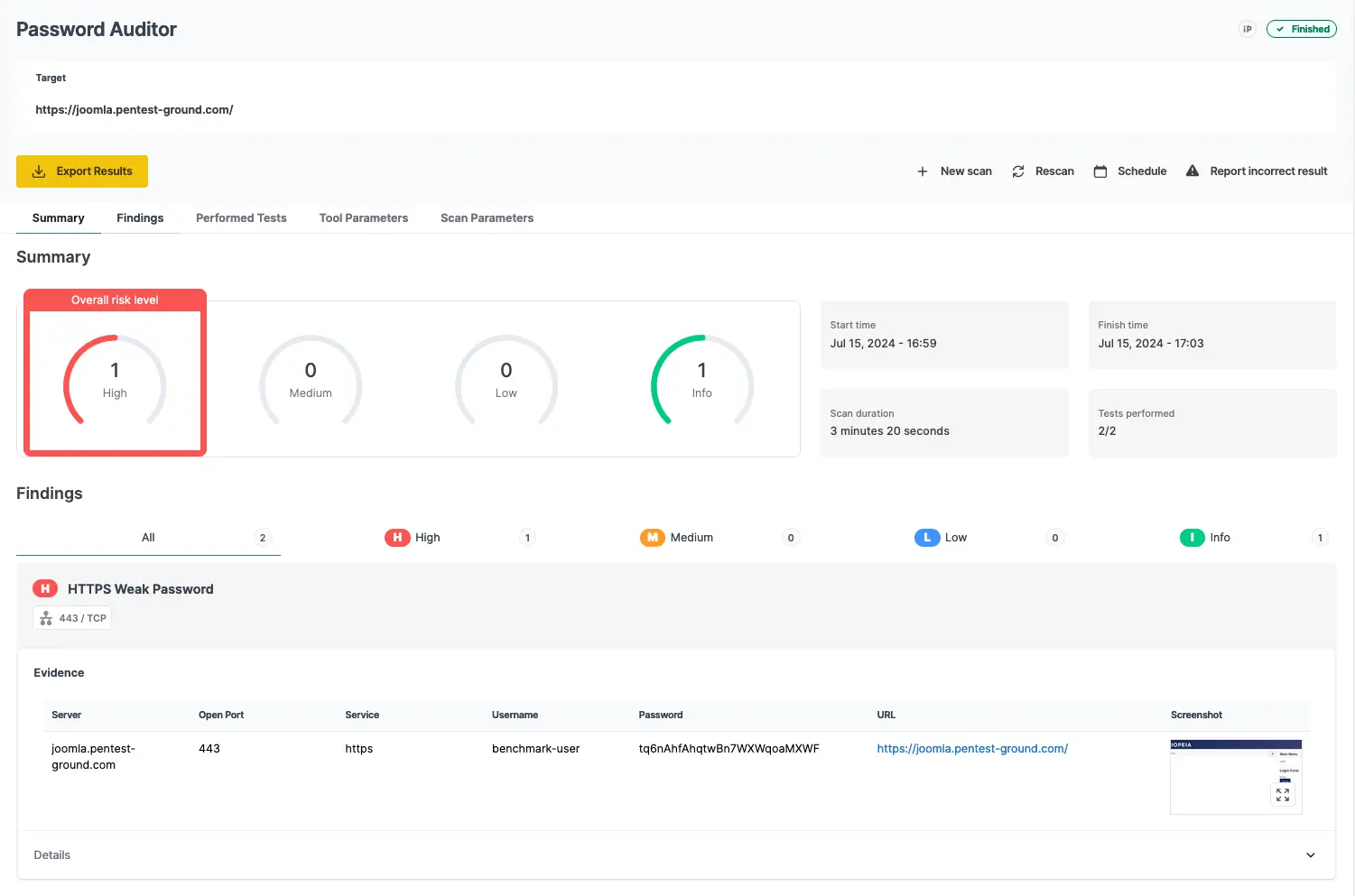 Joomla Password Auditor scan summary