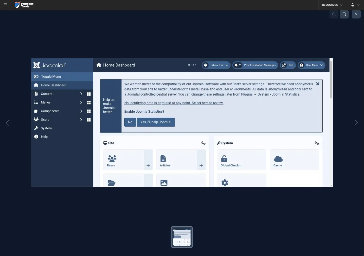 Password Auditor screenshot of Joomla administrator logged-in session