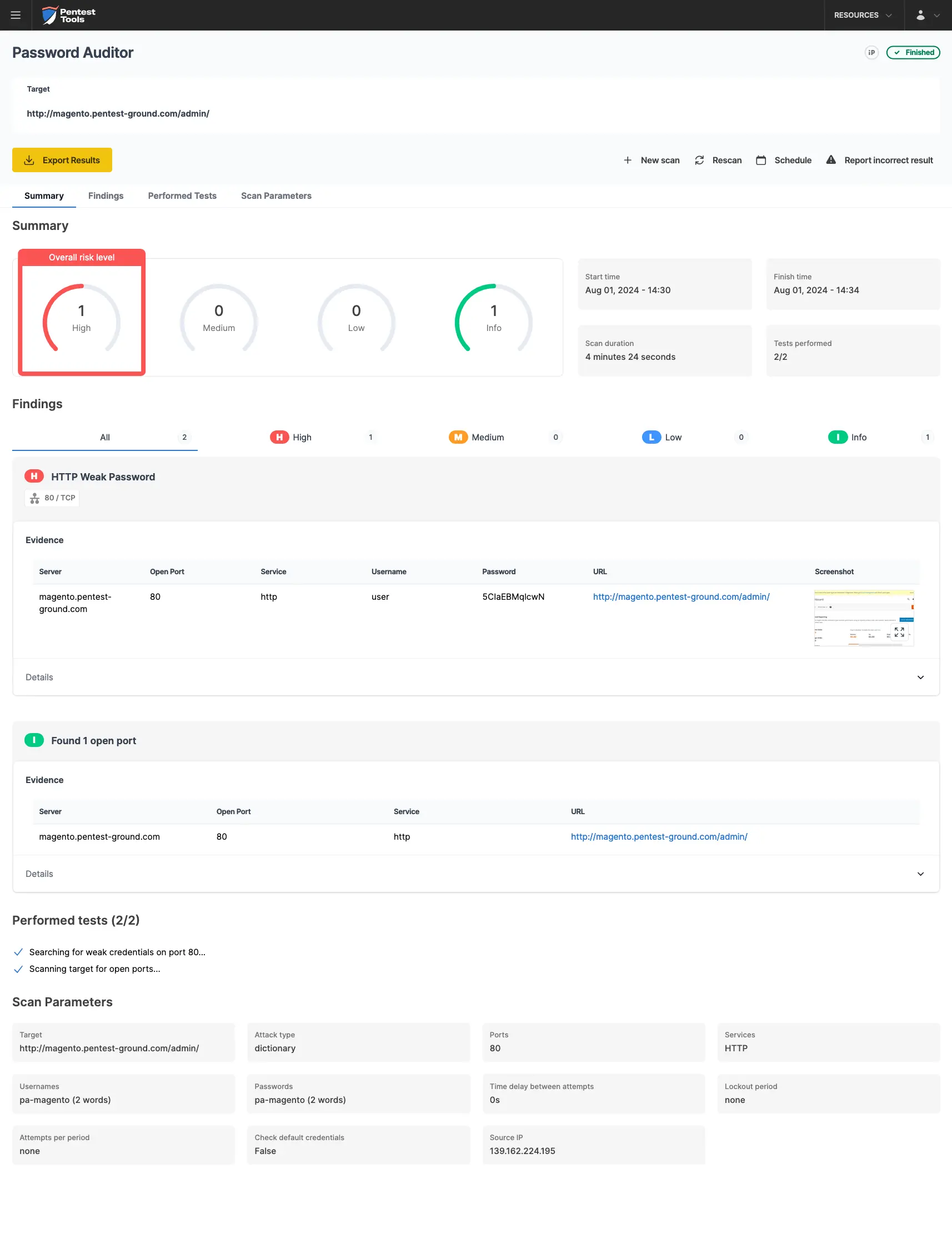 Magento Password Auditor scan results