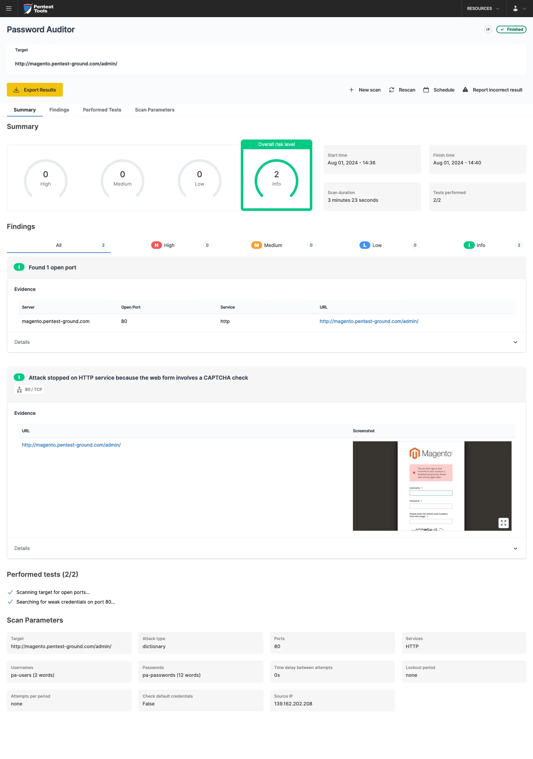 Magento Password Auditor scan findings