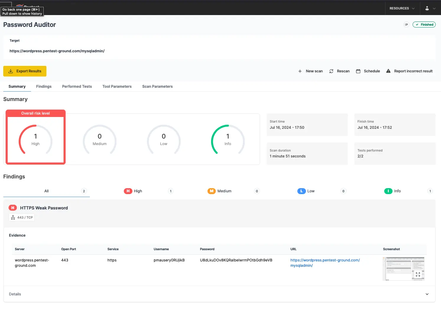 phpMyAdmin Password Auditor scan results