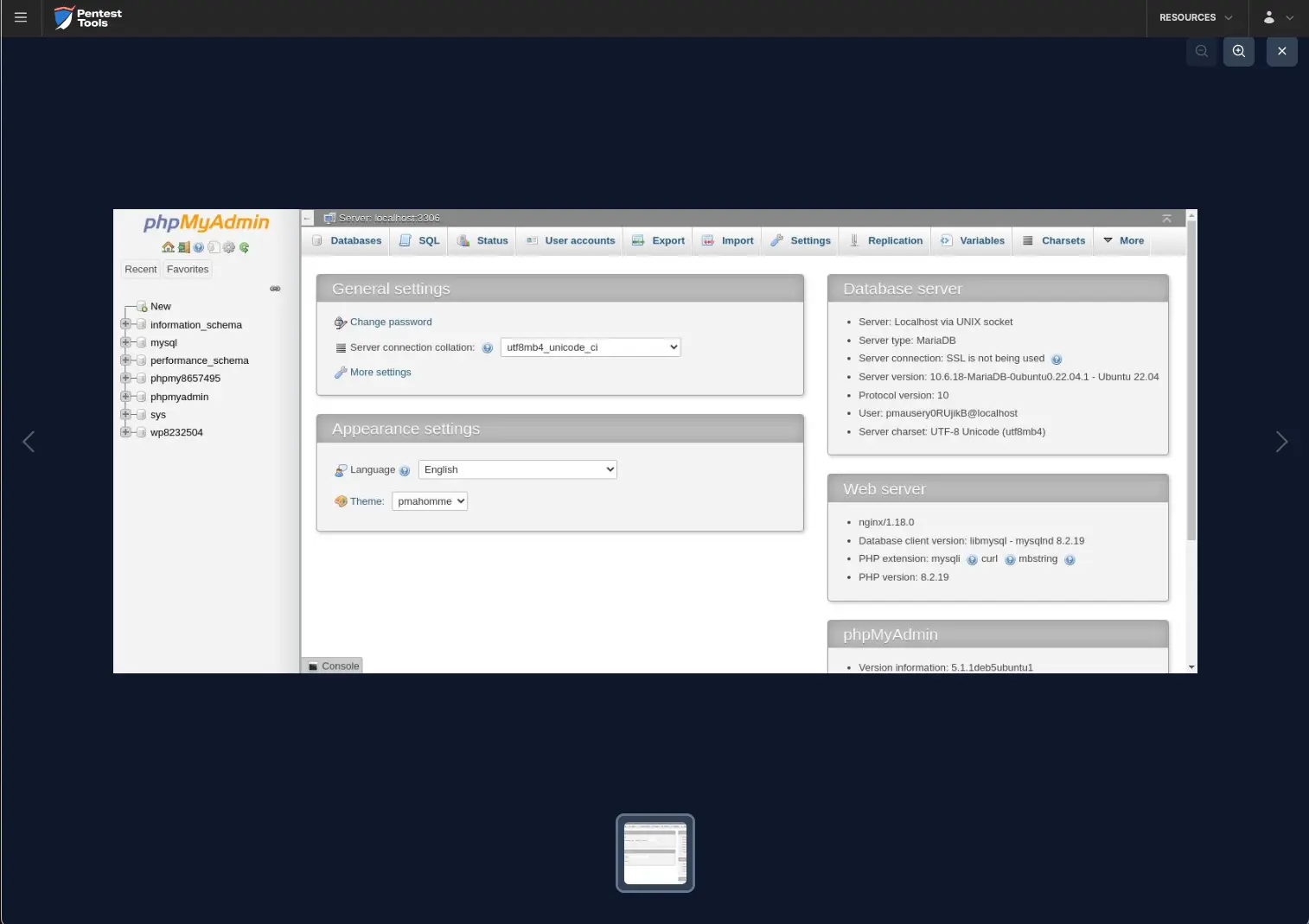 Password Auditor screenshot of phpMyAdmin logged-in session