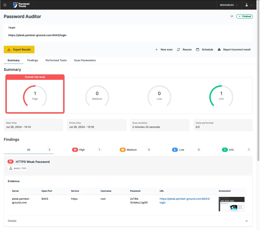 Plesk Password Auditor scan results