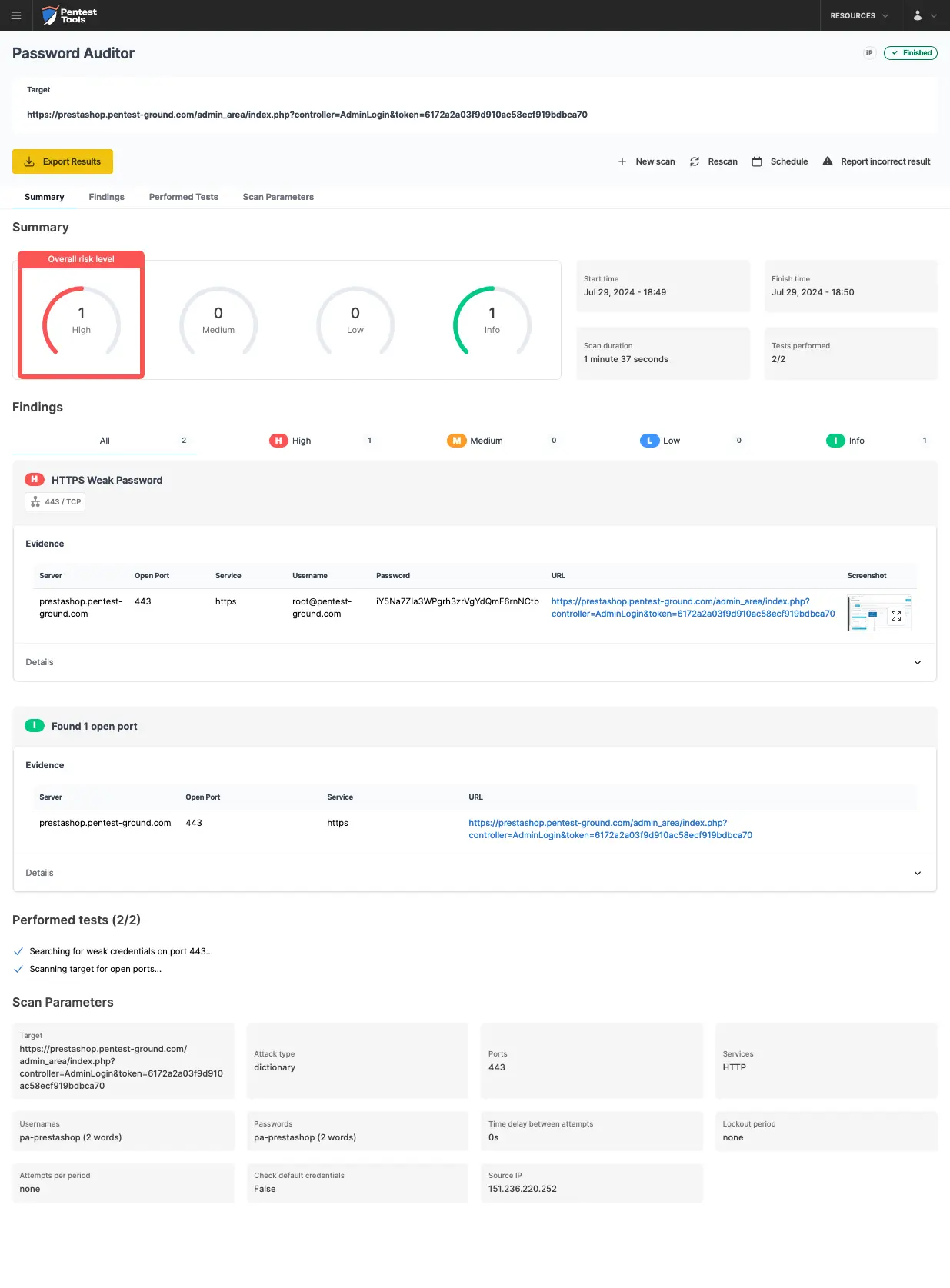 PrestaShop Password Auditor scan results