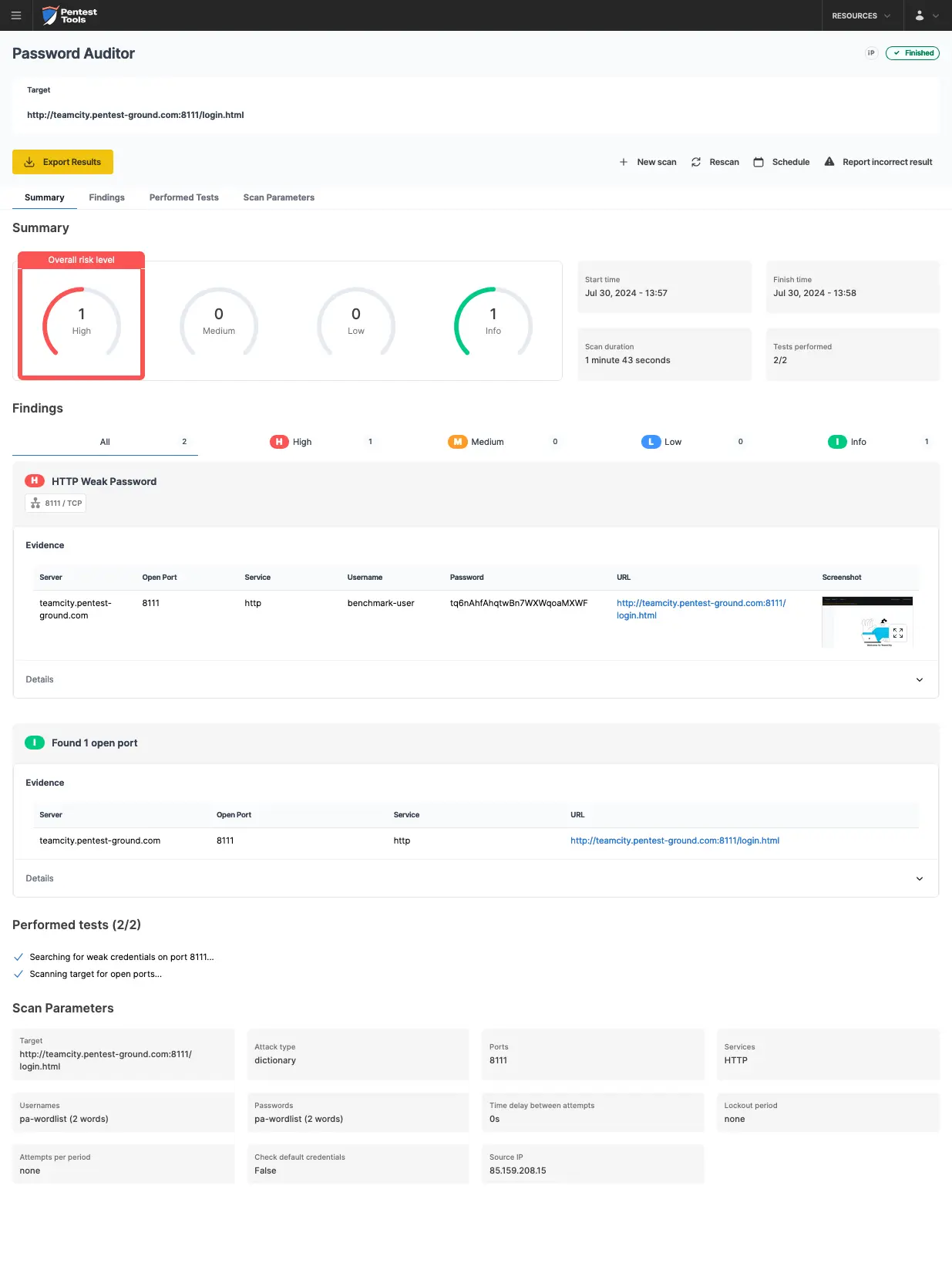 JetBrains TeamCity Password Auditor scan results