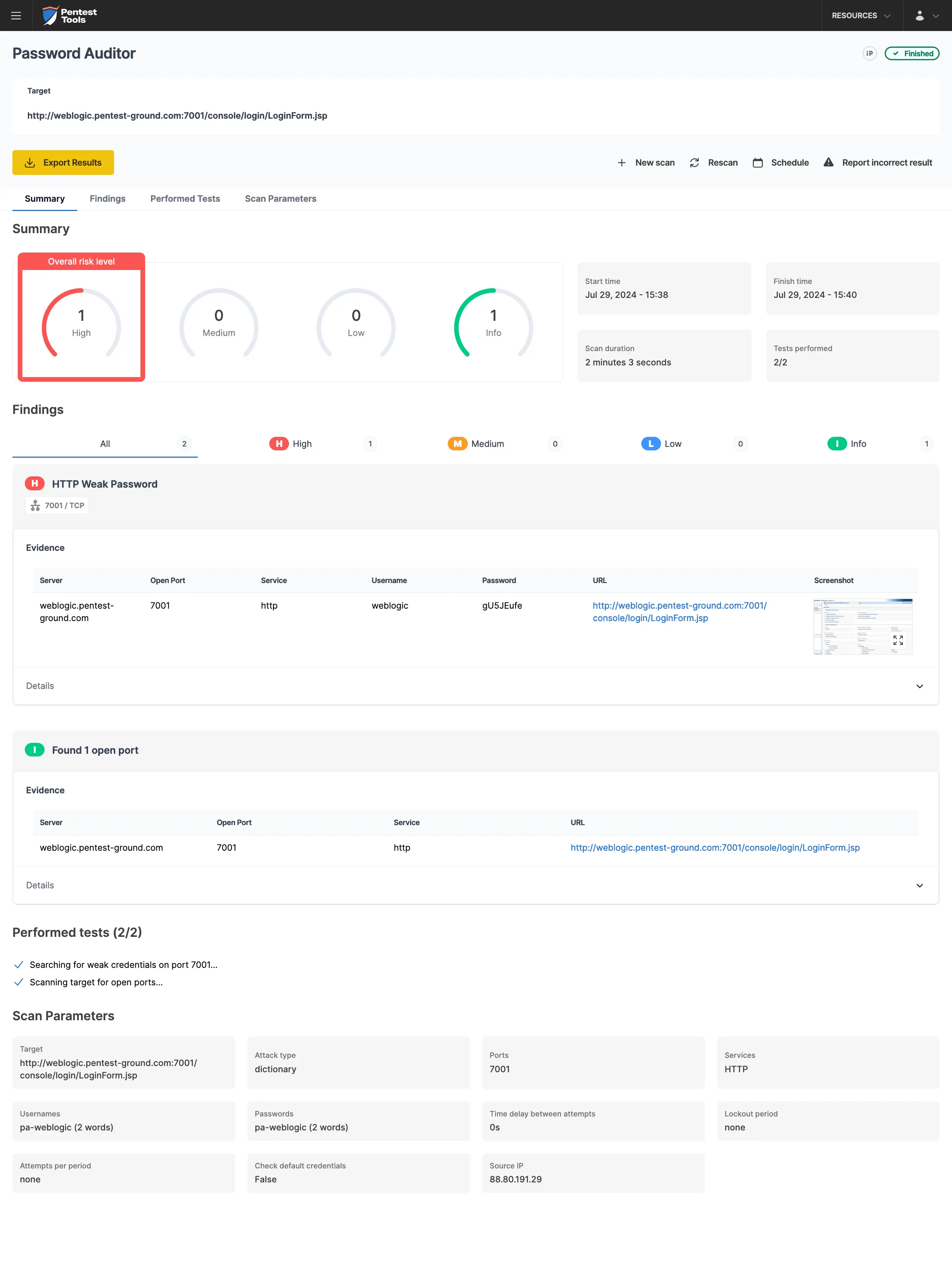 Oracle Weblogic Password Auditor scan results