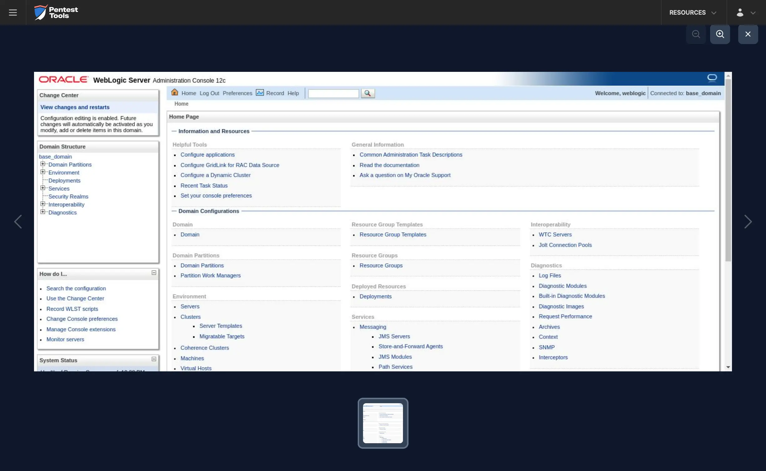 Password Auditor screenshot of the Oracle Weblogic logged-in session