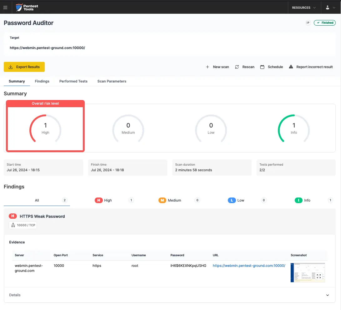 Webmin Password Auditor scan results