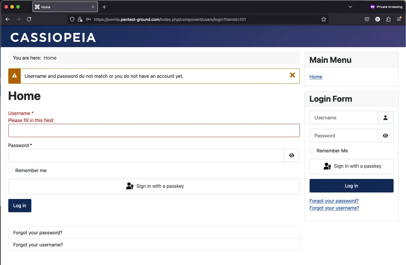 Joomla login page error